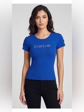 New Bebe Crystal logo Round neck short sleeve Criss Cross Shoulder size M Blue